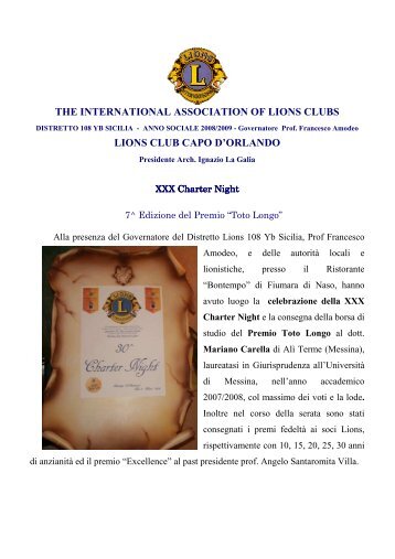 XXX Charte Night e Premio Toto Longo - Lions Club Capo d'Orlando