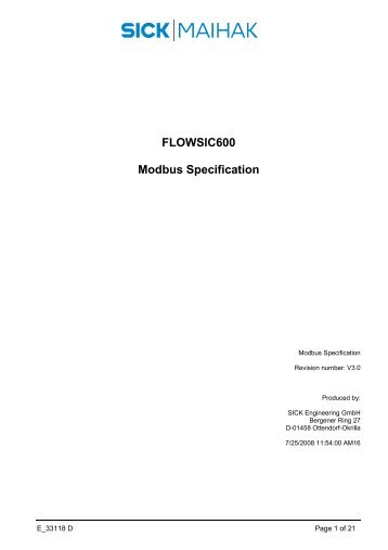 FLOWSIC600, Modbus Specification