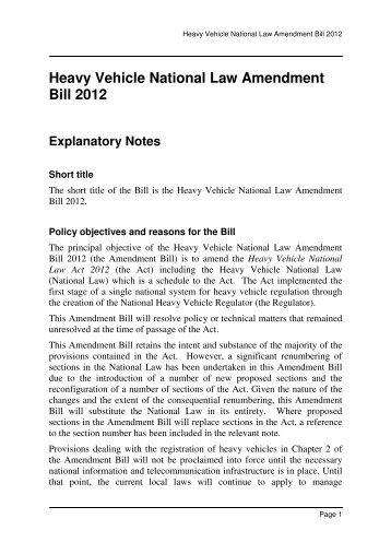 Heavy Vehicle National Law Amendment Bill 2012 explanatory note