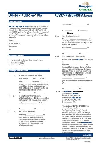 UNI-2-in-1/ UNI-2-in-1 Plus AUSSCHREIBUNG - Kingspan Unidek