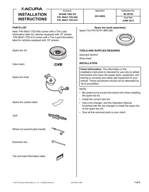 INSTALLATION INSTRUCTIONS Acura Parts Super Store