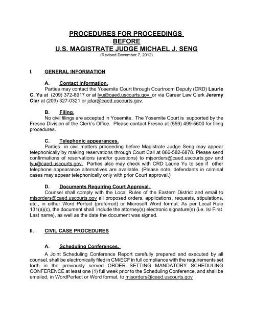 Procedures for Proceedings before Judge Seng - Eastern District of ...