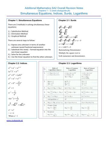 Simultaneous Equations, Indices, Surds, Logarithms - StudyGuide.PK