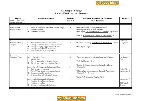 A Level Economics Scheme Of Work Studyguidepk - 