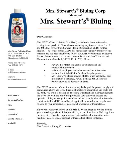MSDS - Mrs. Stewarts Bluing