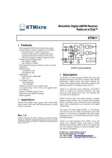 KT0911 Monolithic Digital AM/FM Receiver Radio-on-a-Chip