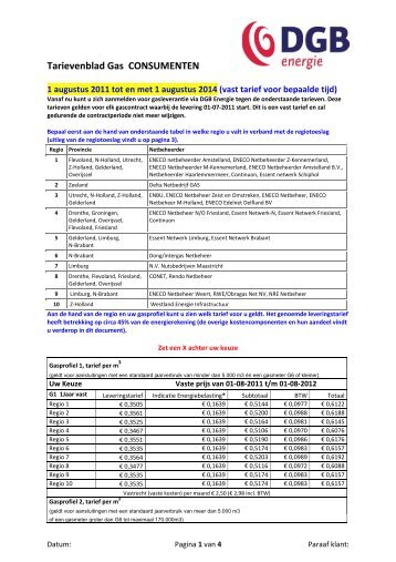 Tarievenblad Gas CONSUMENTEN - DGB energie