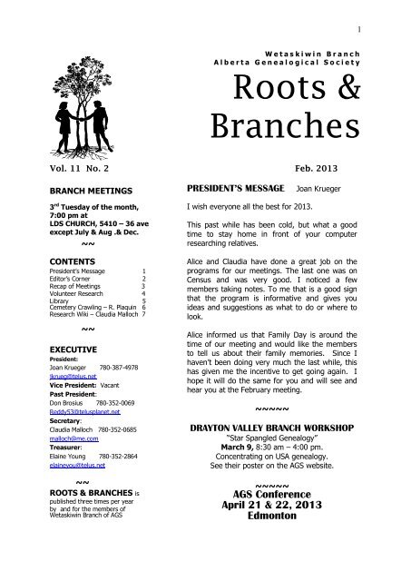 February 2013 - Wetaskiwin Branch, Alberta Genealogical Society