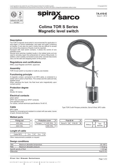 Colima TOR S Series Magnetic level switch