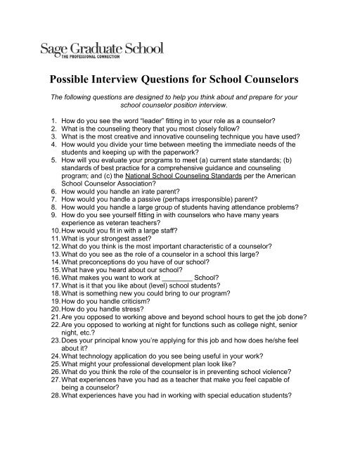 Possible Interview Questions for School Counselors - The Sage ...