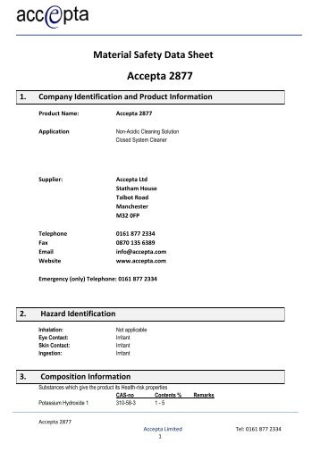 Safety Data for Accepta 2877 - Accepta Water Treatment