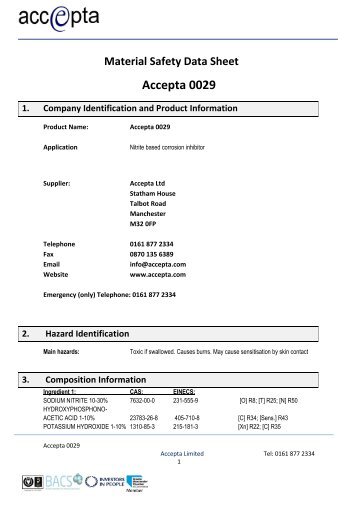 Safety Data for Accepta 0029 - Accepta Water Treatment