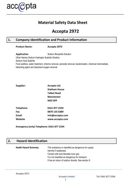Safety Data for Accepta 2972 - Accepta Water Treatment