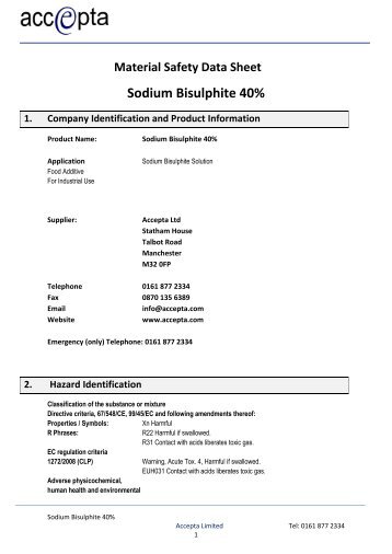 Sodium Bisulphite 40% MSDS - oxygen scavenger - Accepta Water ...