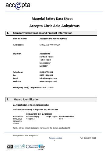 Safety Data for Accepta Citric Acid - Accepta Water Treatment