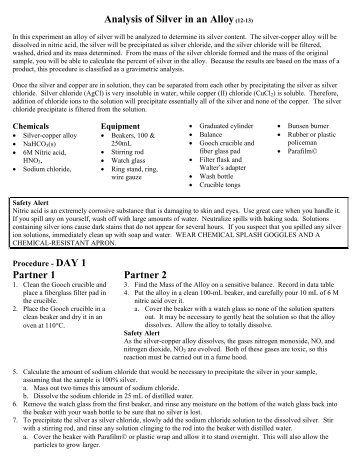 analysis of silver in an alloy The silver-copper alloy will be dissolved in nitric acid, the silver will be precipitated as silver chloride, and the silver chloride will be filtered, washed, dried and its mass determined from the mass of the silver chloride formed and the mass of the original sample, you will be able to calculate the percent of silver in the alloy . analysis of silver in an alloy The silver-copper alloy will be dissolved in nitric acid, the silver will be precipitated as silver chloride, and the silver chloride will be filtered, washed, dried and its mass determined from the mass of the silver chloride formed and the mass of the original sample, you will be able to calculate the percent of silver in the alloy .
