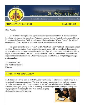 principal's letter march 2012 - St. Helen's Elementary School