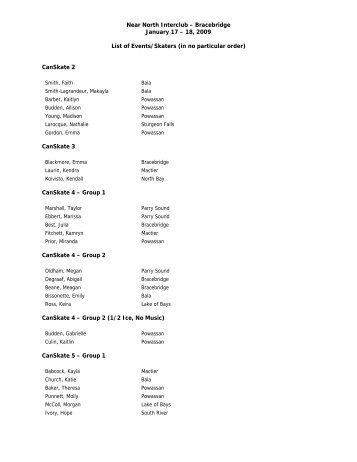 Bracebridge January 17 â 18, 2009 List of Events/Skaters (in no ...