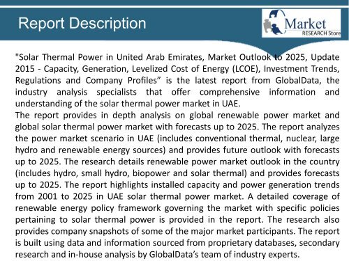 Solar Thermal Power in United Arab Emirates, Market Outlook to 2025, Update 2015 - Capacity, Generation, Levelized Cost of Energy (LCOE), Investment Trends, Regulations and Company Profiles