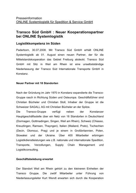 Transco Süd GmbH : Neuer ... - ONLINE Systemlogistik