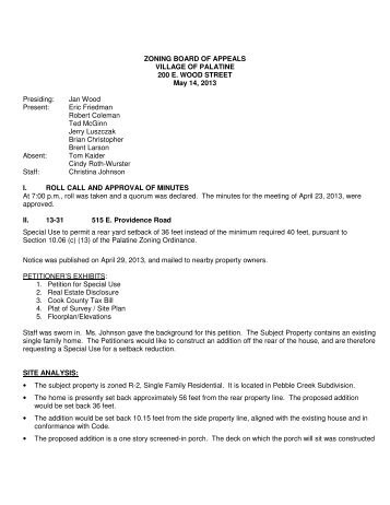 ZONING BOARD OF APPEALS VILLAGE OF PALATINE 200 E ...