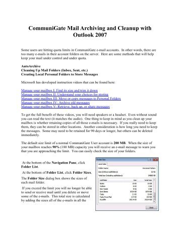 CommuniGate Mail Archiving and Cleanup with Outlook 2007 - JAARS