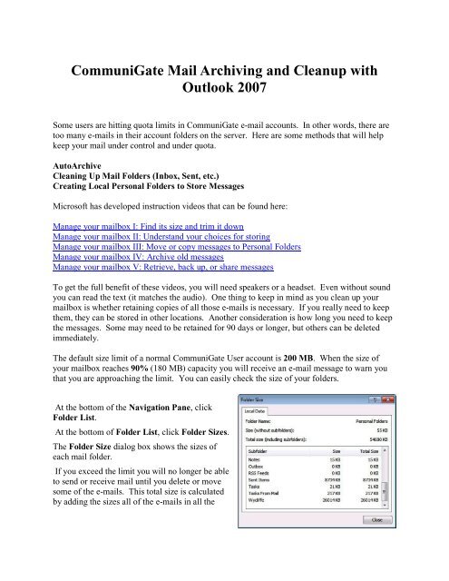 CommuniGate Mail Archiving and Cleanup with Outlook 2007 - JAARS