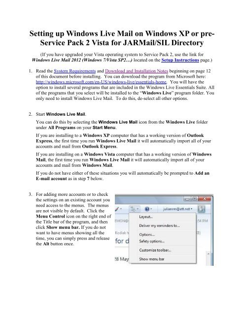 Windows Live Mail (Vista/XP) - JARMail WEB - JAARS