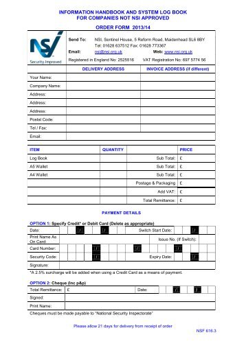 NSF 616.3 Log book order form for companies not NSI approved