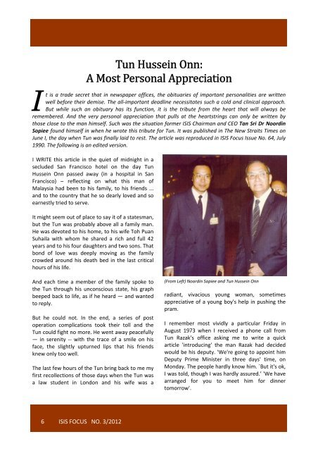 Tun Hussein Onn:A Most Personal Appreciation - ISIS Malaysia