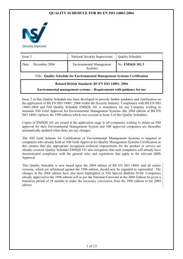 QUALITY SCHEDULE FOR BS EN ISO 14001:2004 1 of 12