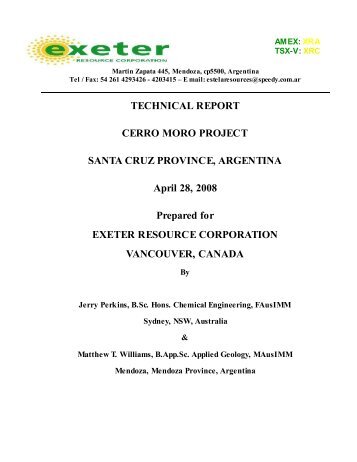 TECHNICAL REPORT CERRO MORO PROJECT ... - Exeter Resource