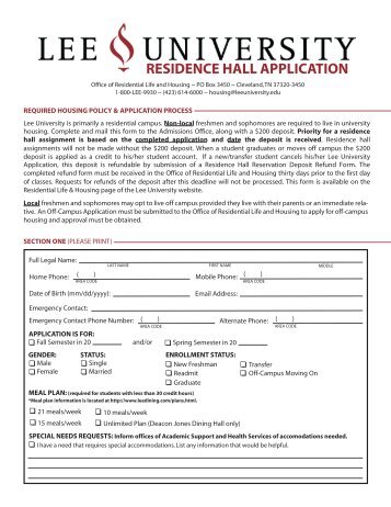 RESIDENCE HALL APPLICATION - Lee University