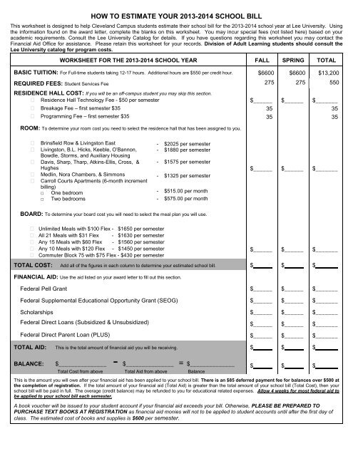 HOW TO ESTIMATE YOUR SCHOOL BILL - Lee University
