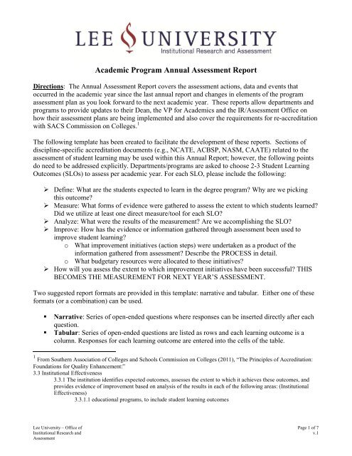 Academic Assessment Report Template - Lee University