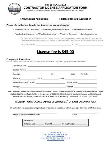 Contractor License Application - City of Iola
