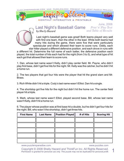 Last Night's Baseball Game - Puzzlers Paradise
