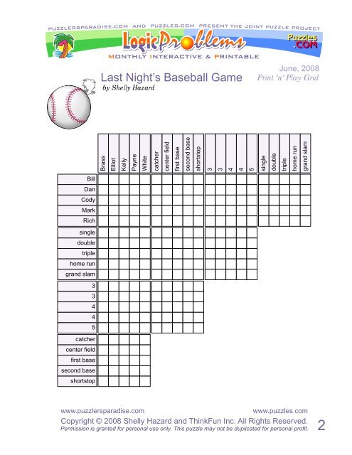 Last Night's Baseball Game - Puzzlers Paradise