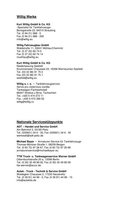 ServicestÃƒÂ¼tzpunkte Liste_05.06.2012 - Willig - Tankfahrzeuge