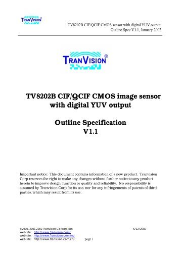 TV8202B CIF/QCIF CMOS image sensor with digital YUV output ...
