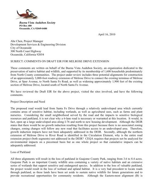 Comment letter on the draft EIR for the Melrose Ave. Extension project