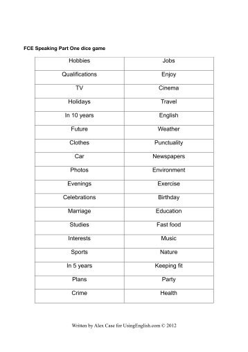 FCE Speaking Part One- Dice