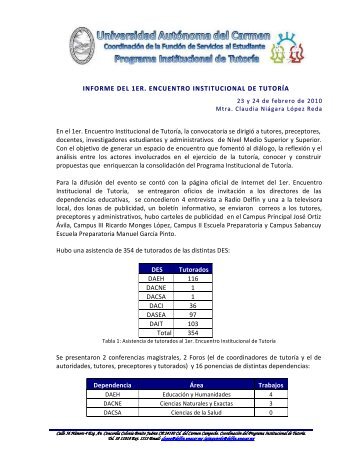 INFORME DEL 1ER. ENCUENTRO INSTITUCIONAL DE TUTORÍA ...