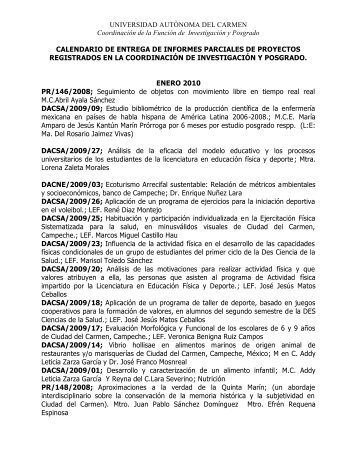 Calendario de entrega de informes parciales de Proyectos ...