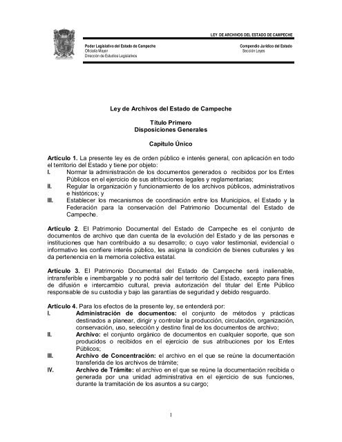Ley de Archivos del Estado de Campeche Título Primero ...