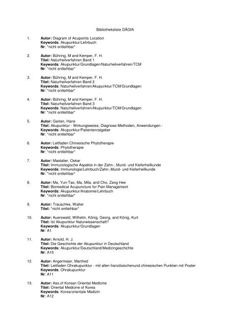 Bibliotheksliste DÃ„GfA 1. Autor: Diagram of Acupoints Location ...