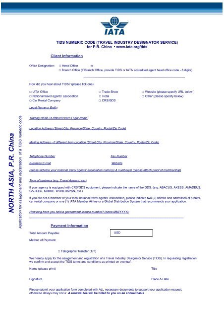 NORTH ASIA –TIDS Numeric Code (Travel Industry Designator Servi