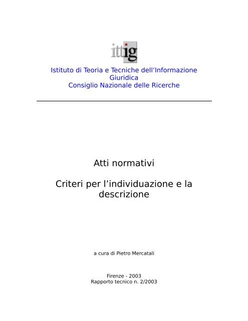 Pietro Mercatali, Atti normativi. Criteri per l'individuazione e la ...