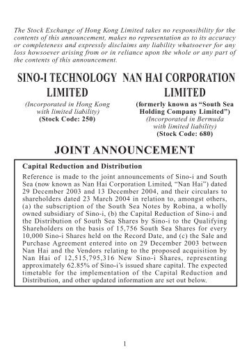 Capital Reduction and Distribution,Change of company name ... - Sino