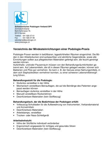 Verzeichnis der Mindesteinrichtungen - Schweizerischer Podologen ...